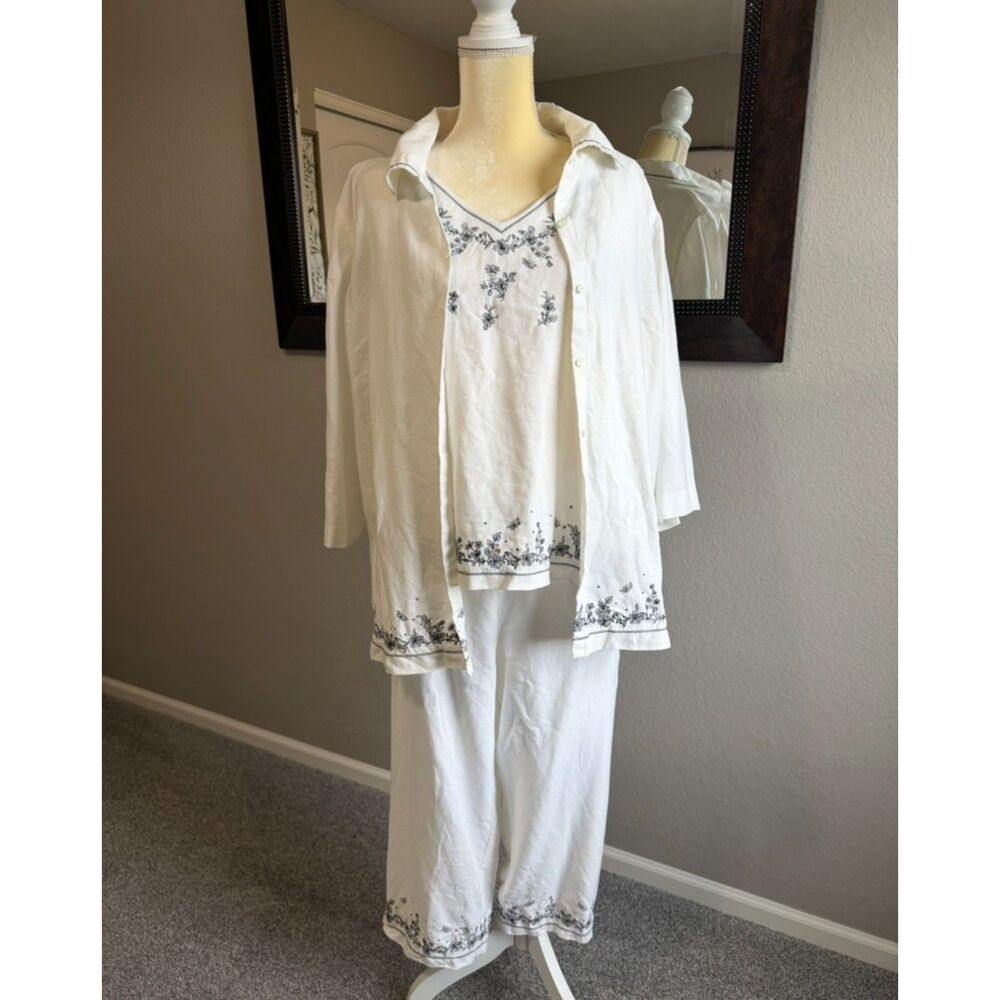 Maggie Mcnaughton 3 Piece Linen Set 2X White Embroidered Jacket Tank Pants